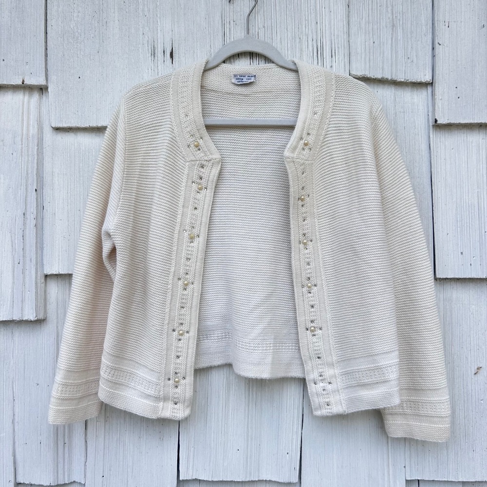 Vintage DuPont Orlon Cream Knit Cardigan Faux Pearl Rhinestone Embellished 60s‎